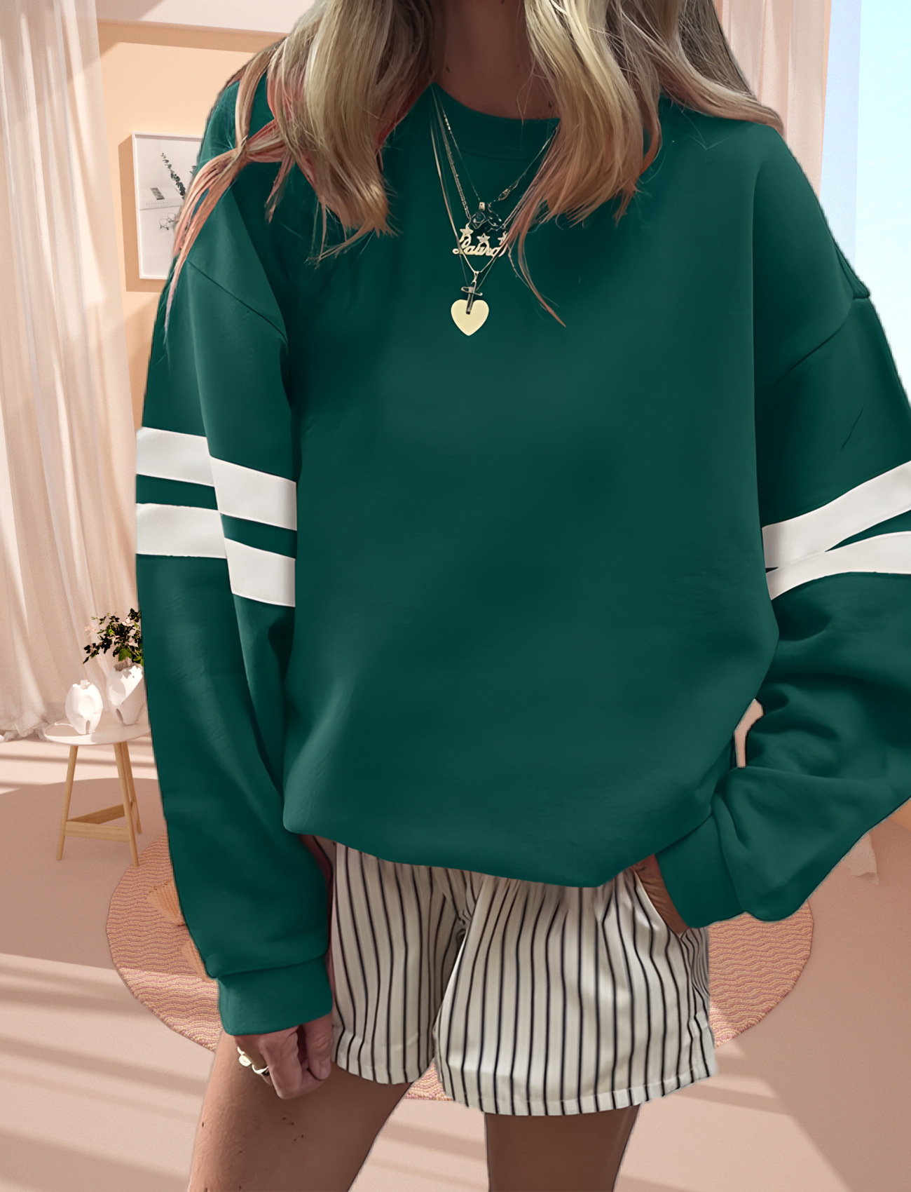 Women's Loose Striped Cotton Sweatshirt Long Sleeve Crewneck