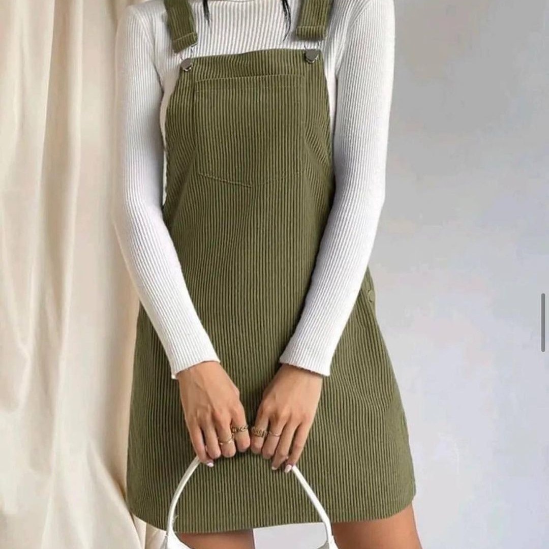 Corduroy Sleeveless A-Line Pinafore Dress Square Neck Solid Color