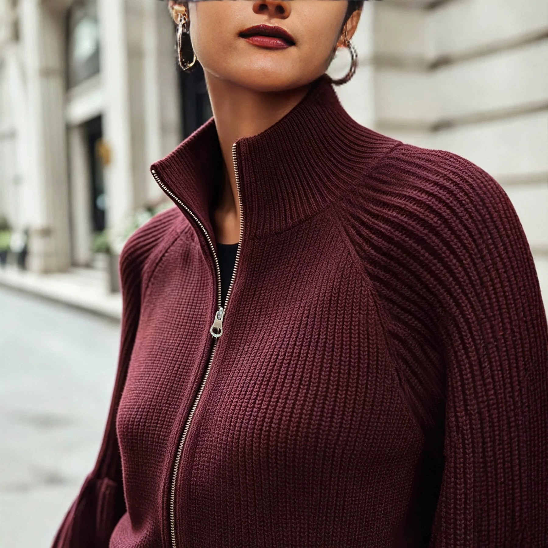 Women's High Stand Collar Zip-Up Knit Cardigan with Lantern Sleeves