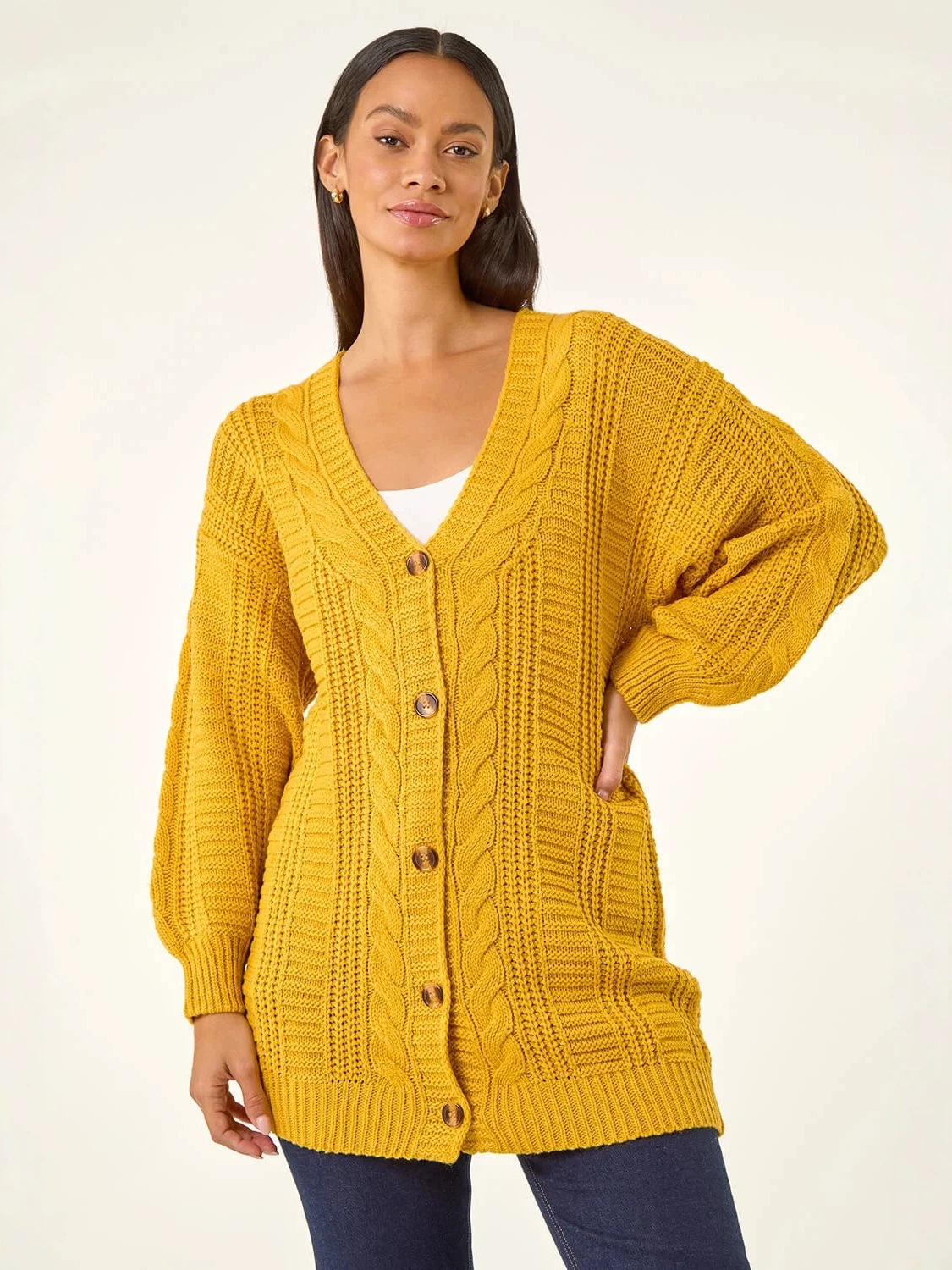 Women's Plus Size Solid Knit Cardigan V-Neck Lantern Sleeve Loose Fit