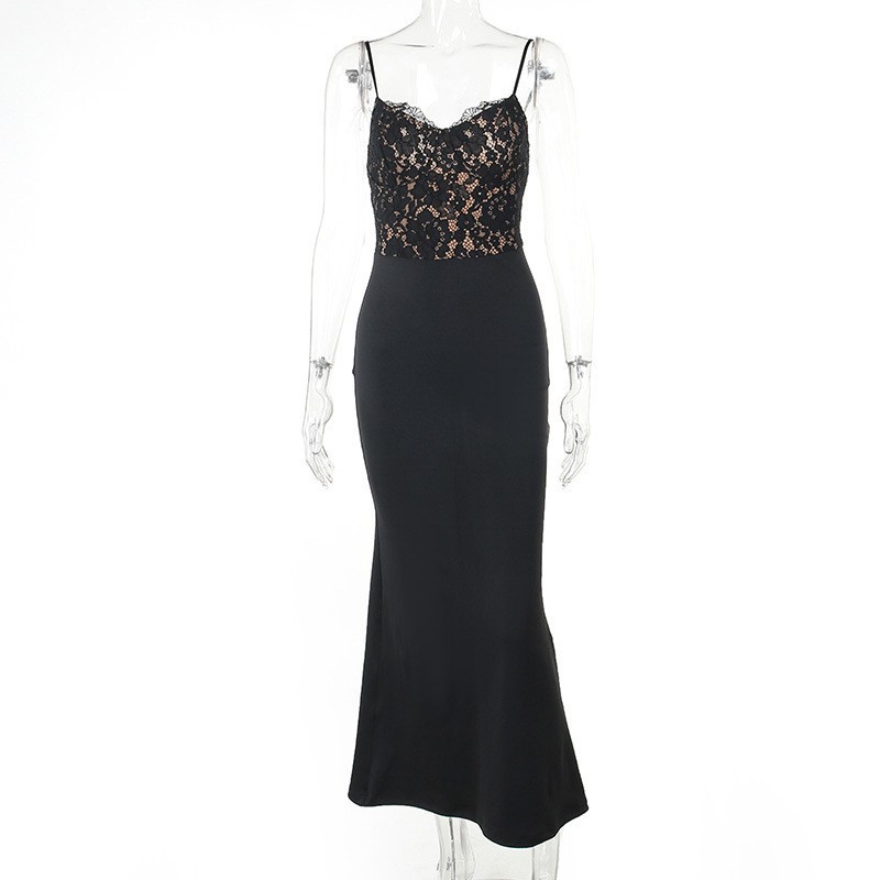 Elegant V-Neck Lace Spliced Bodycon Maxi Dress