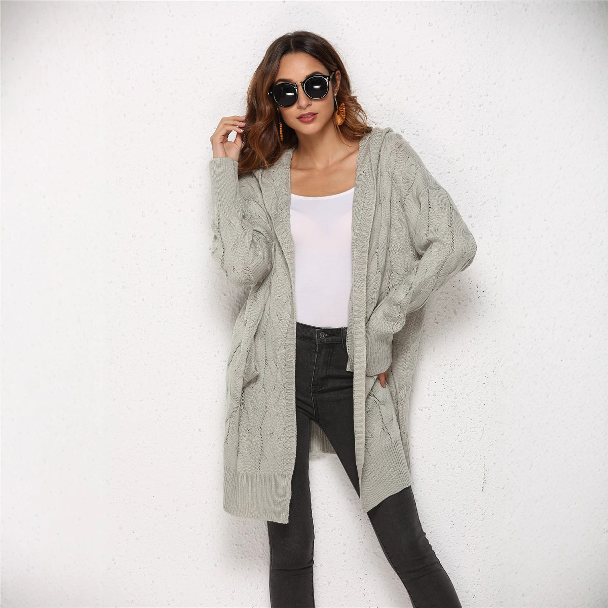 Cable-Knit Hooded Cardigan Sweater, Loose Batwing Sleeve, Black, One Size