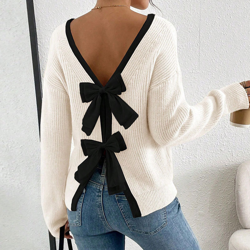 Women's Back Bow Crewneck Pullover Knit Sweater