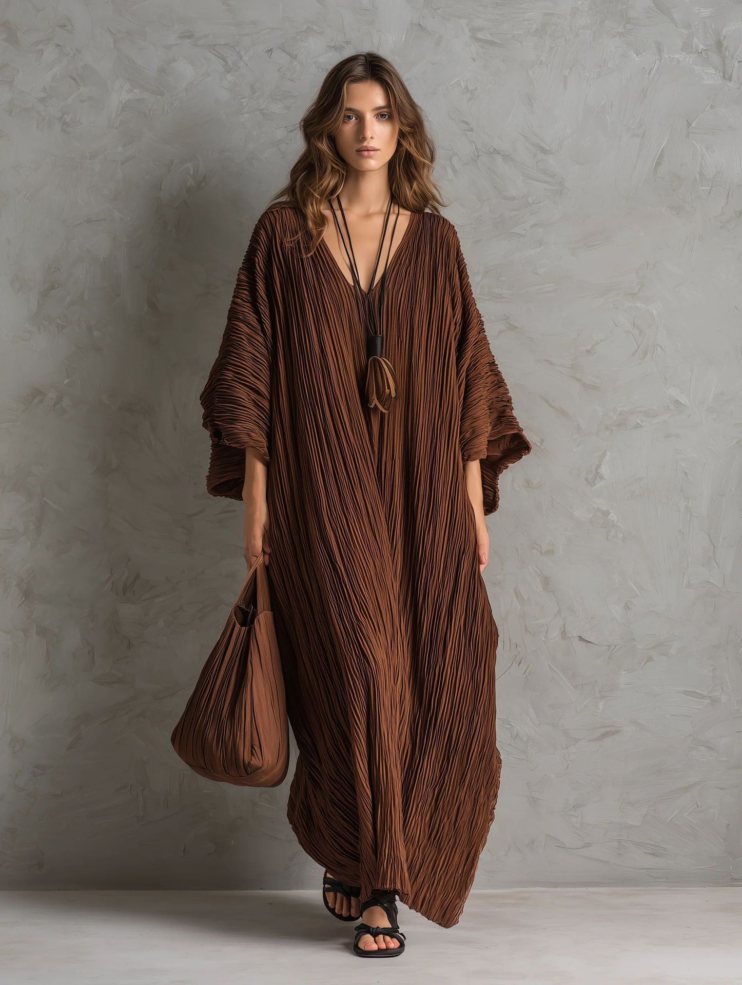 Women's V-Neck Caftan Maxi Dress with Pockets