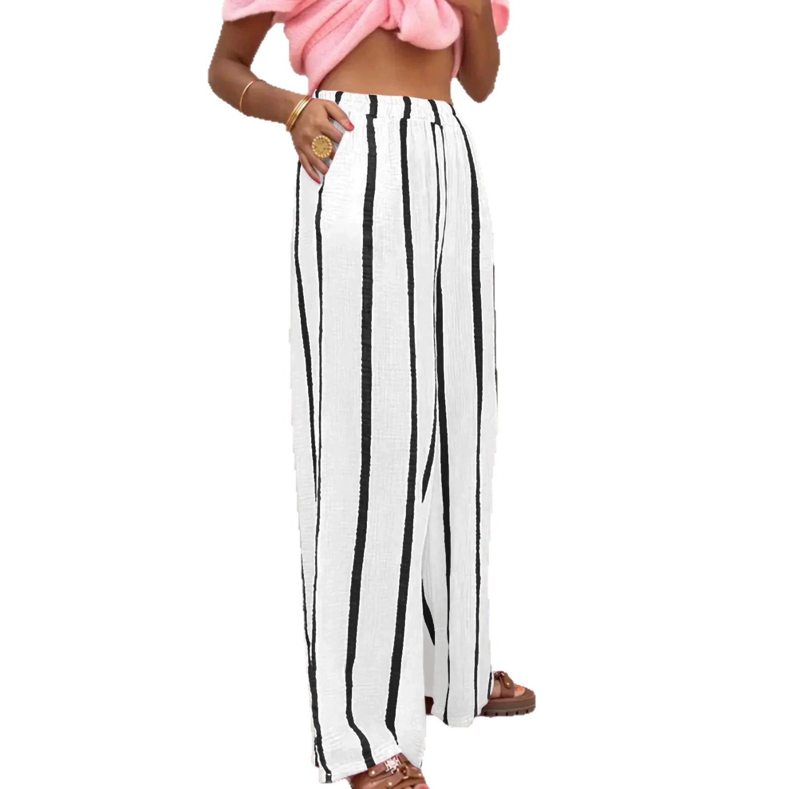 Women's Striped Print Wide-Leg Pants with Side Pockets Casual Comfortable