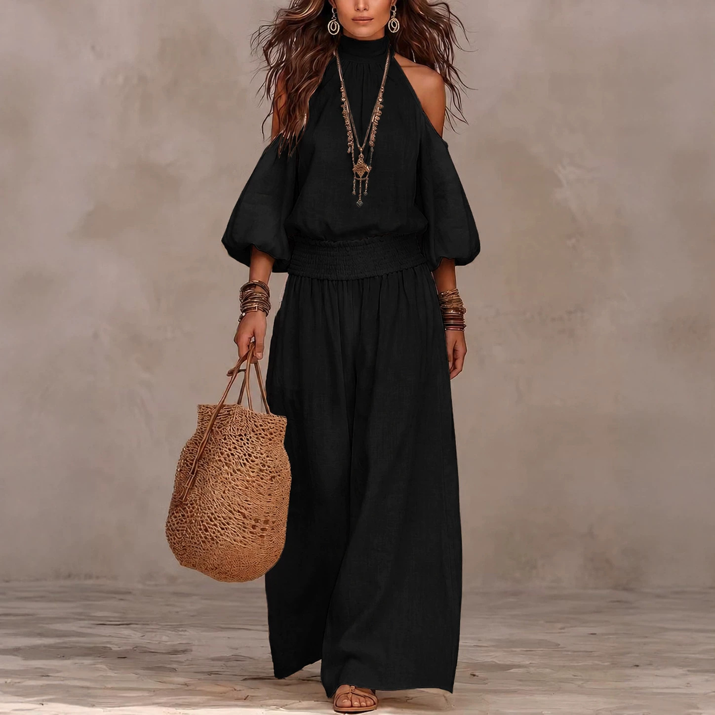 Women's Casual Crewneck Long Sleeve Cutout Top and Smocked Wide-Leg Pants Set