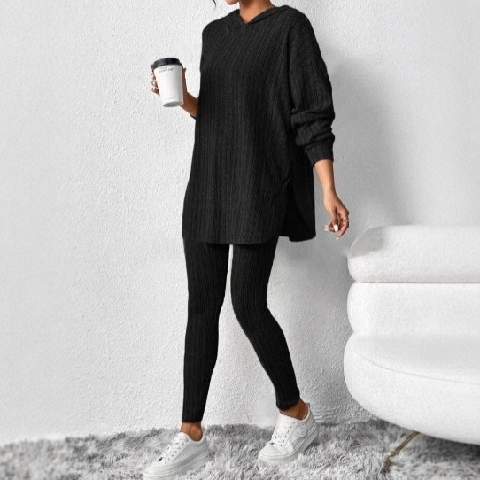 Women's Ribbed Knit Hooded Long Sleeve Lounge Set