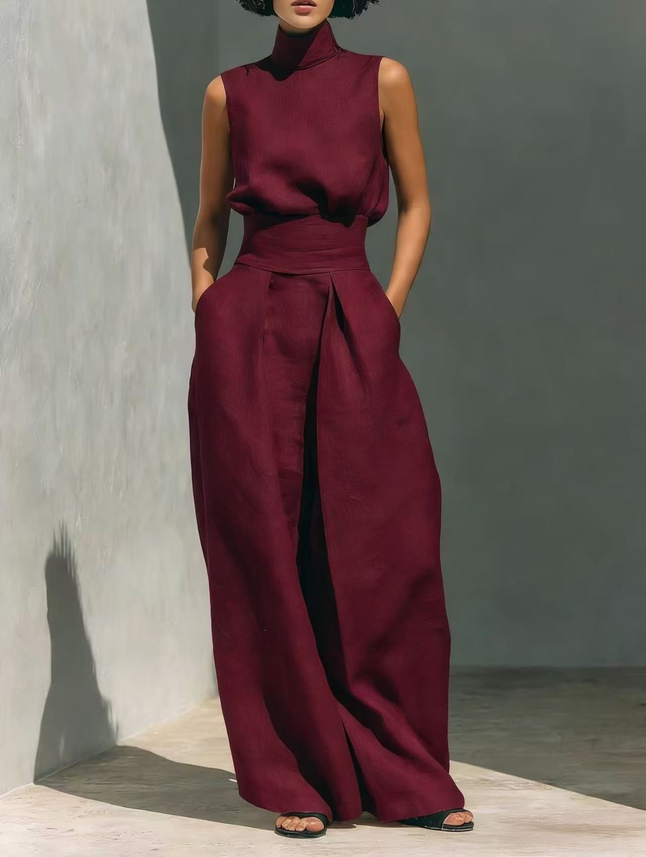 Women's Solid Sleeveless Top and Wide-Leg Pants Set