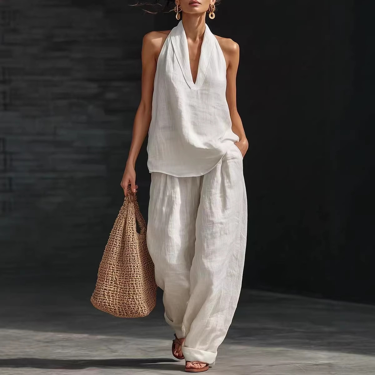 Women's Sleeveless Loose Cold Shoulder Top and Wide-Leg Pants Set