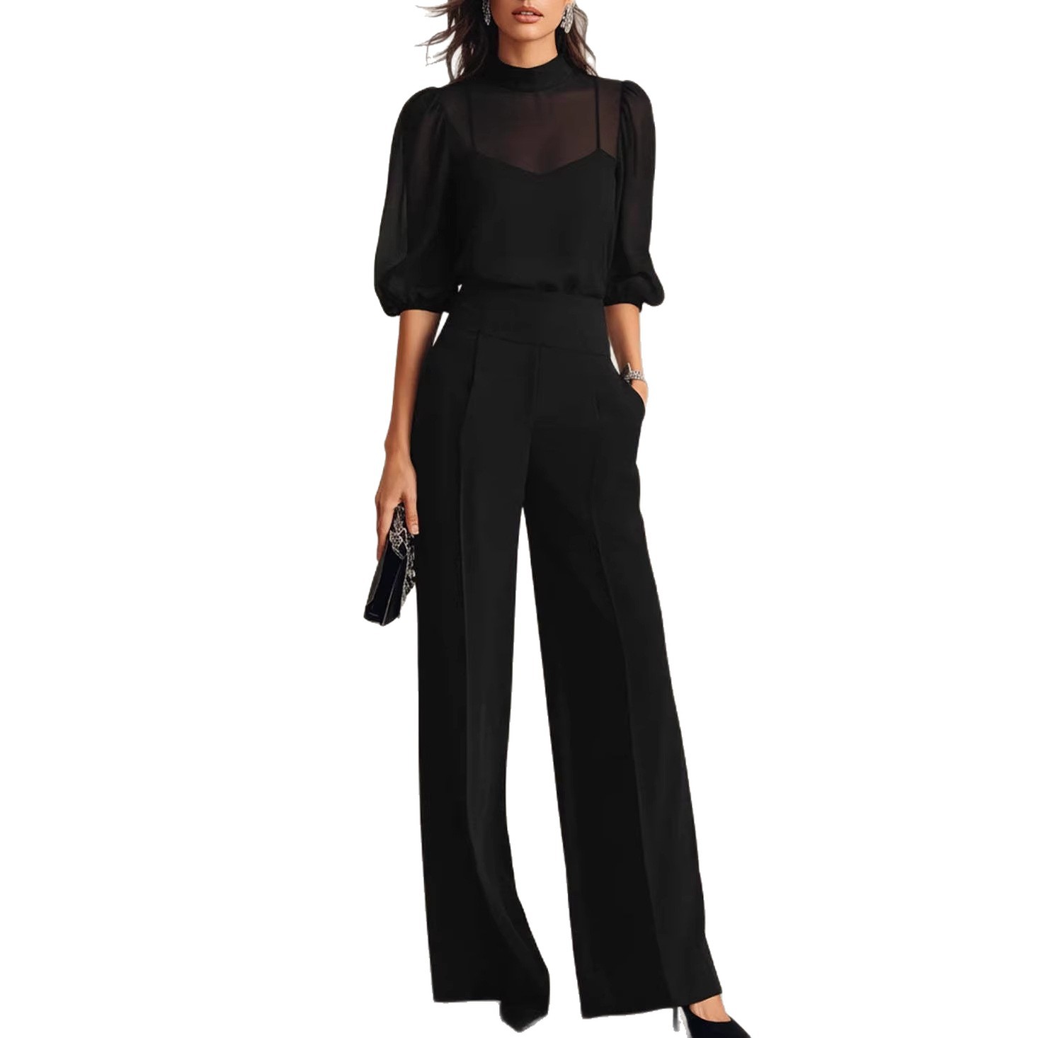 Women's Summer Slimming Print Short Sleeve Wide Leg Pants 3-Piece Set