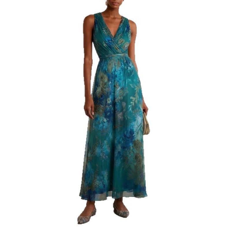 V-Neck Printed Waist-Cinched Sleeveless Long Dress