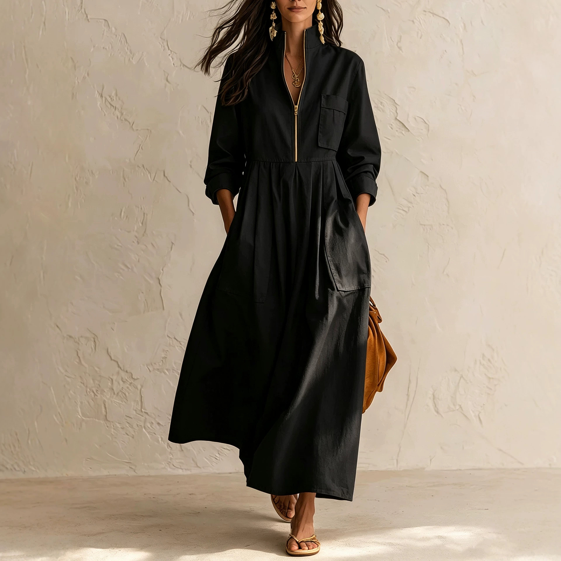 Gold Half-Zip Stand Collar Dress with Pockets Loose Pleated Maxi Long Sleeve