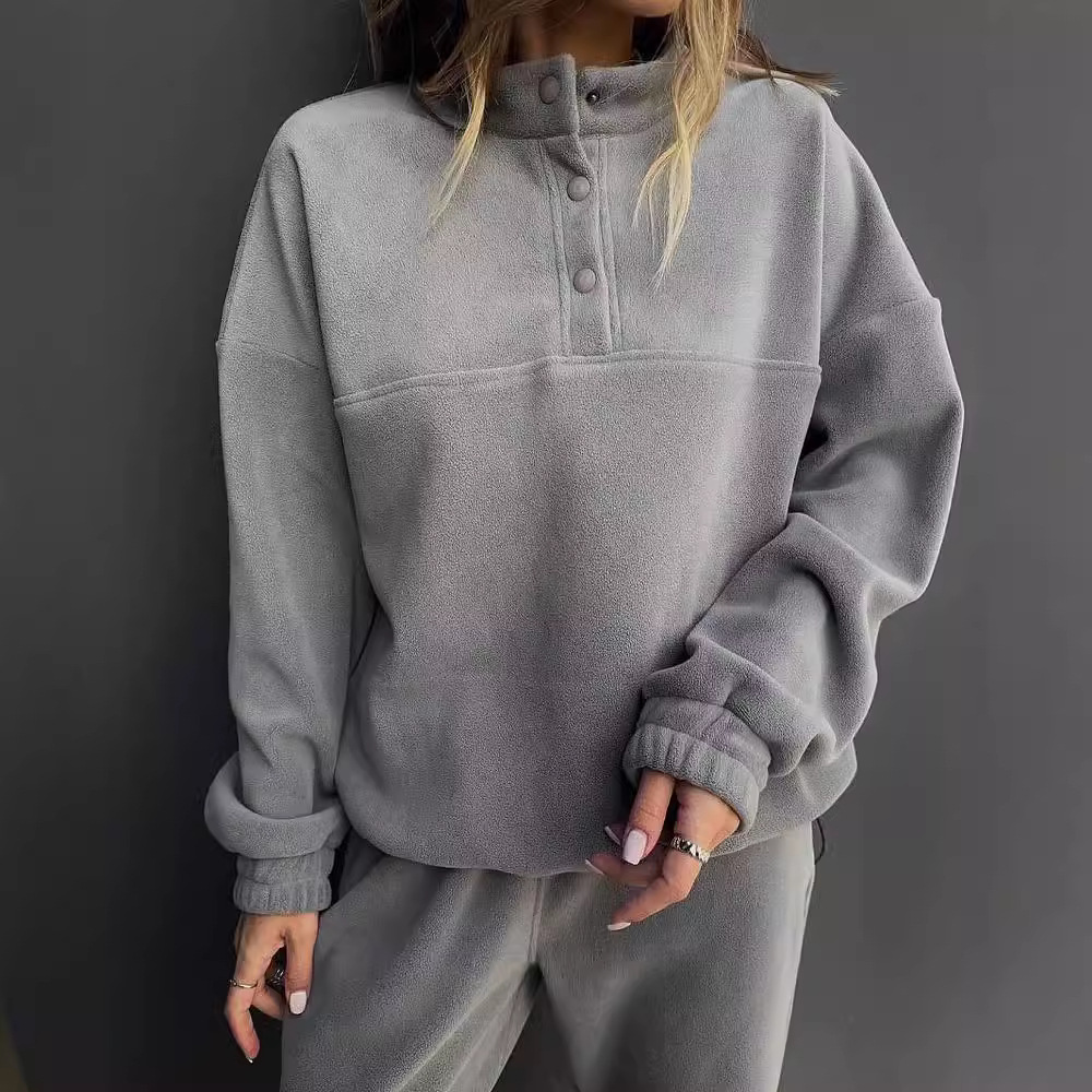 Women's Solid Fleece Sweatshirt and Pants Two-Piece Set Casual Lounge Outfit