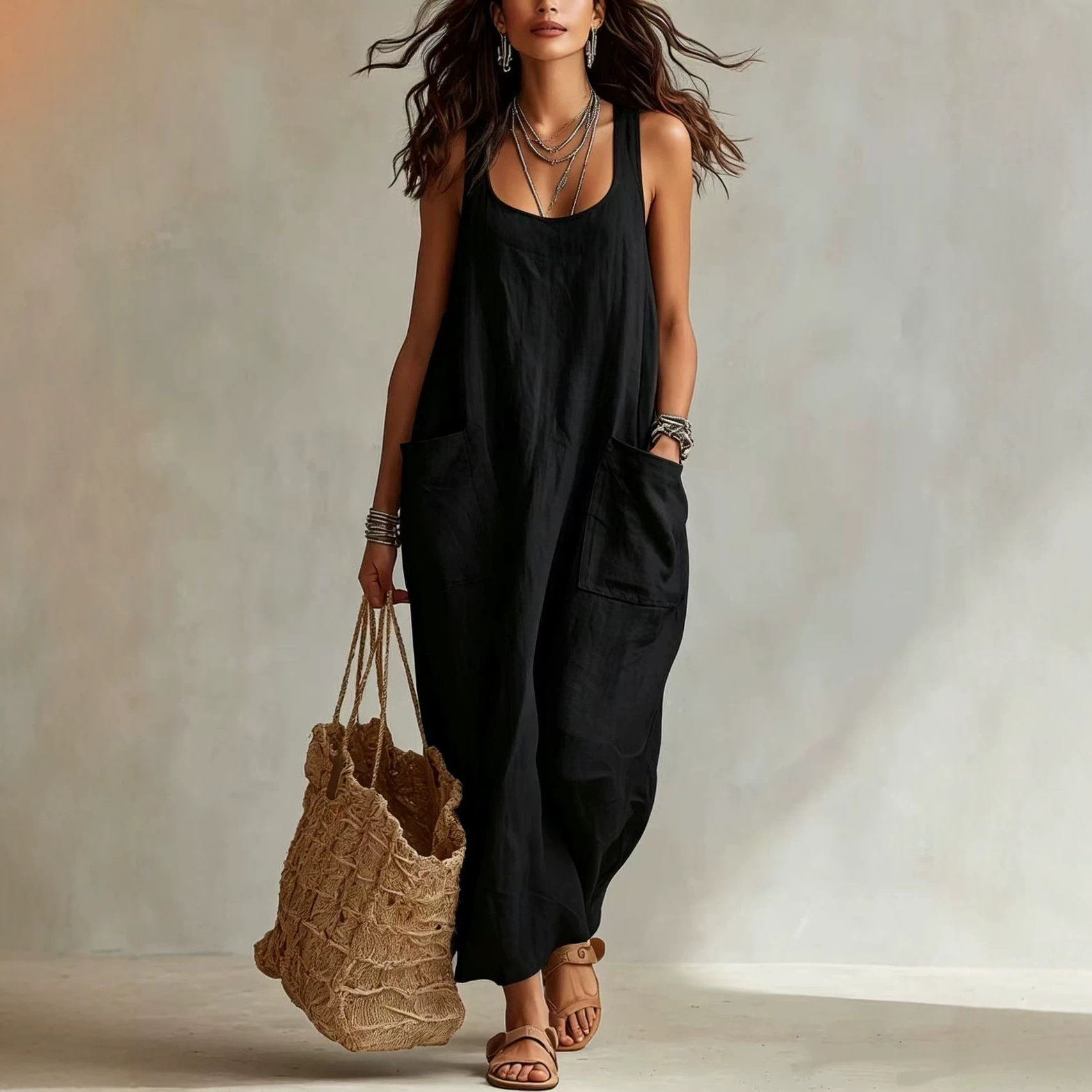 Women's Cotton-Linen Sleeveless Long Dress with Pockets Casual Summer