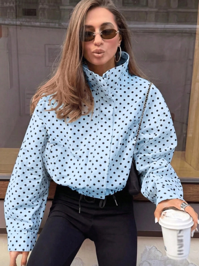 Polka Dot Long Sleeve Loose Fit Zip Jacket with Pockets