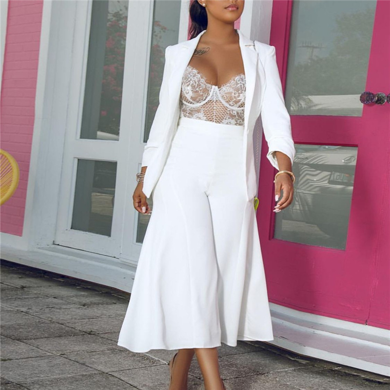 Women's Belted Blazer and Wide-Leg Pants Two-Piece Suit Set