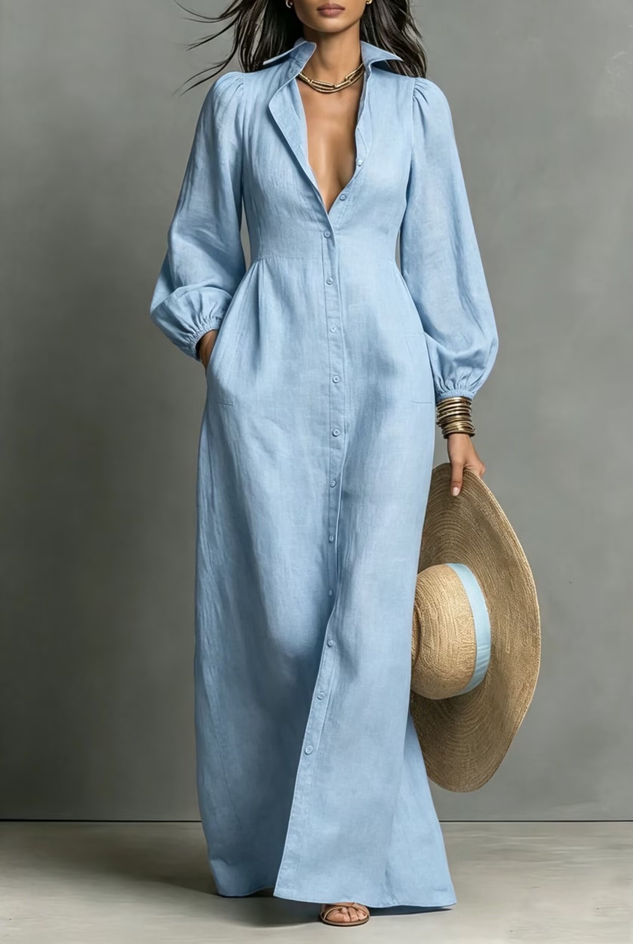 Lantern Sleeve Button-Front Long Shirt Dress Retro Casual