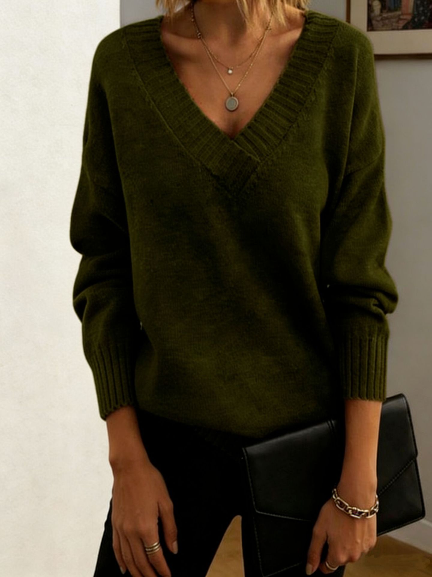 Women's Loose V-Neck Pullover Sweater Solid Color Knit Top