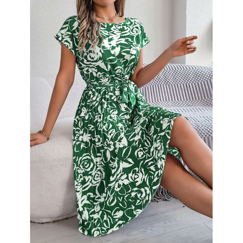 Women's Floral Tie-Waist Pleated Short-Sleeve Dress