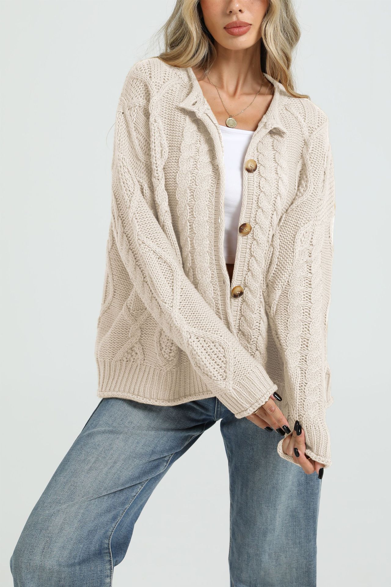 Women's Cable-Knit Cardigan Sweater Loose Fit Button-Up