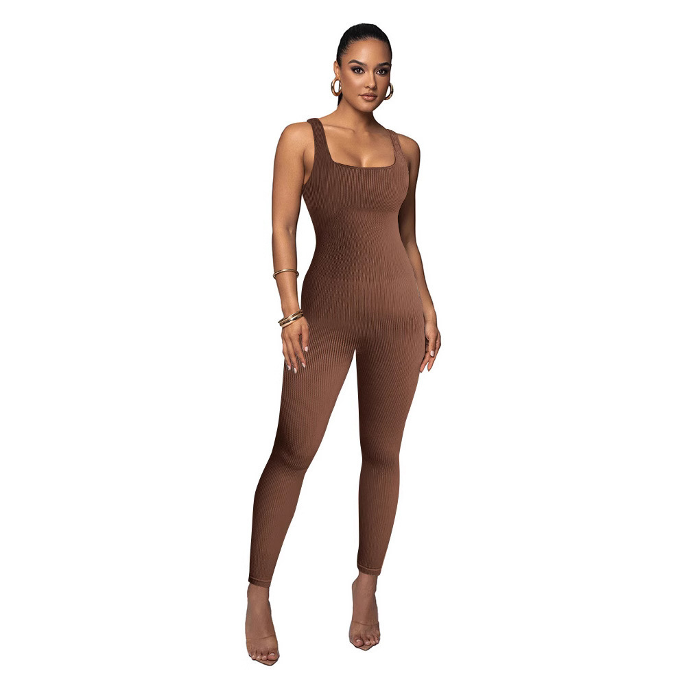 Sexy Sleeveless Square Neck Ribbed Yoga Bodysuit Tummy Control Butt Lifting