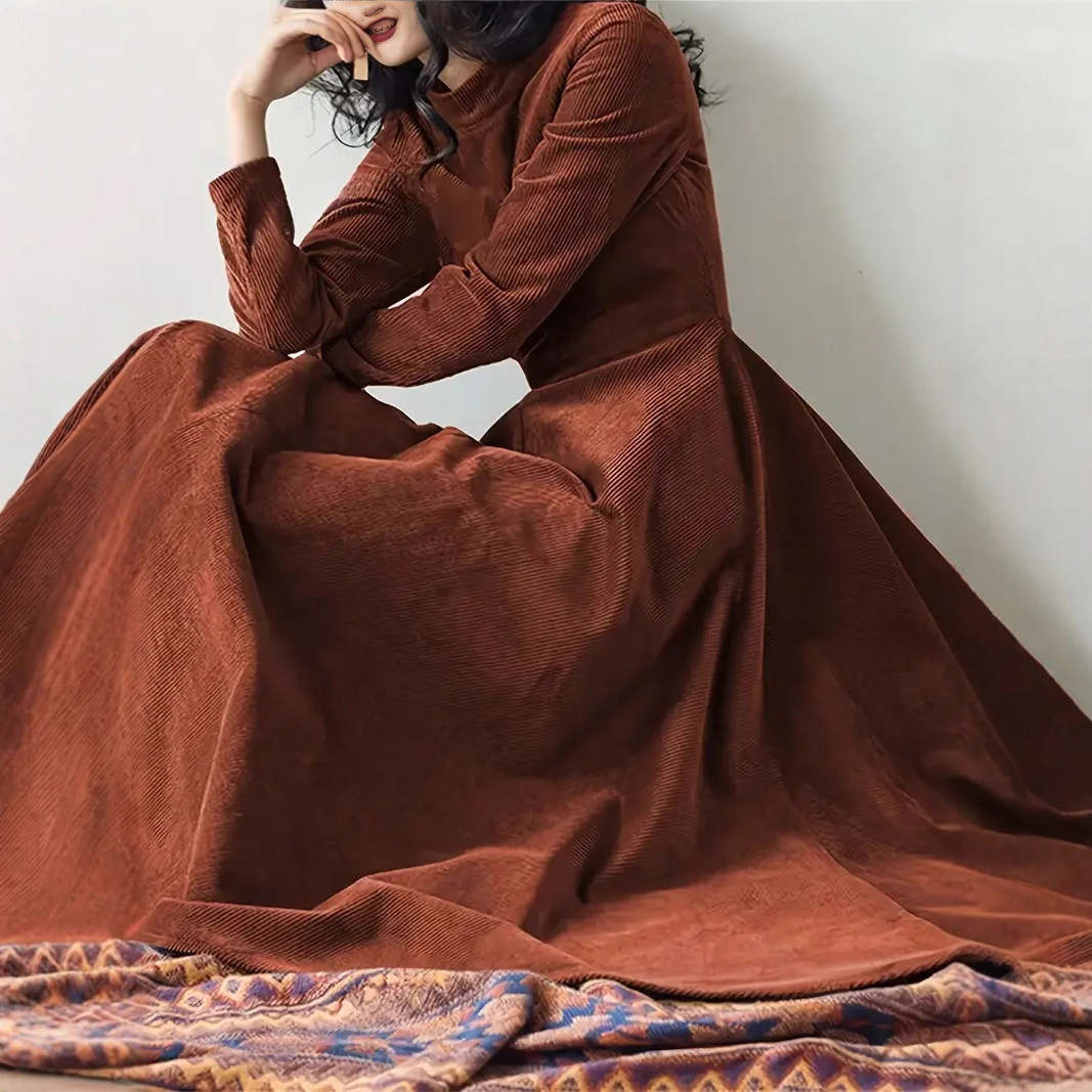 Elegant Corduroy Long Sleeve A-Line Maxi Dress with Zip and High Waist
