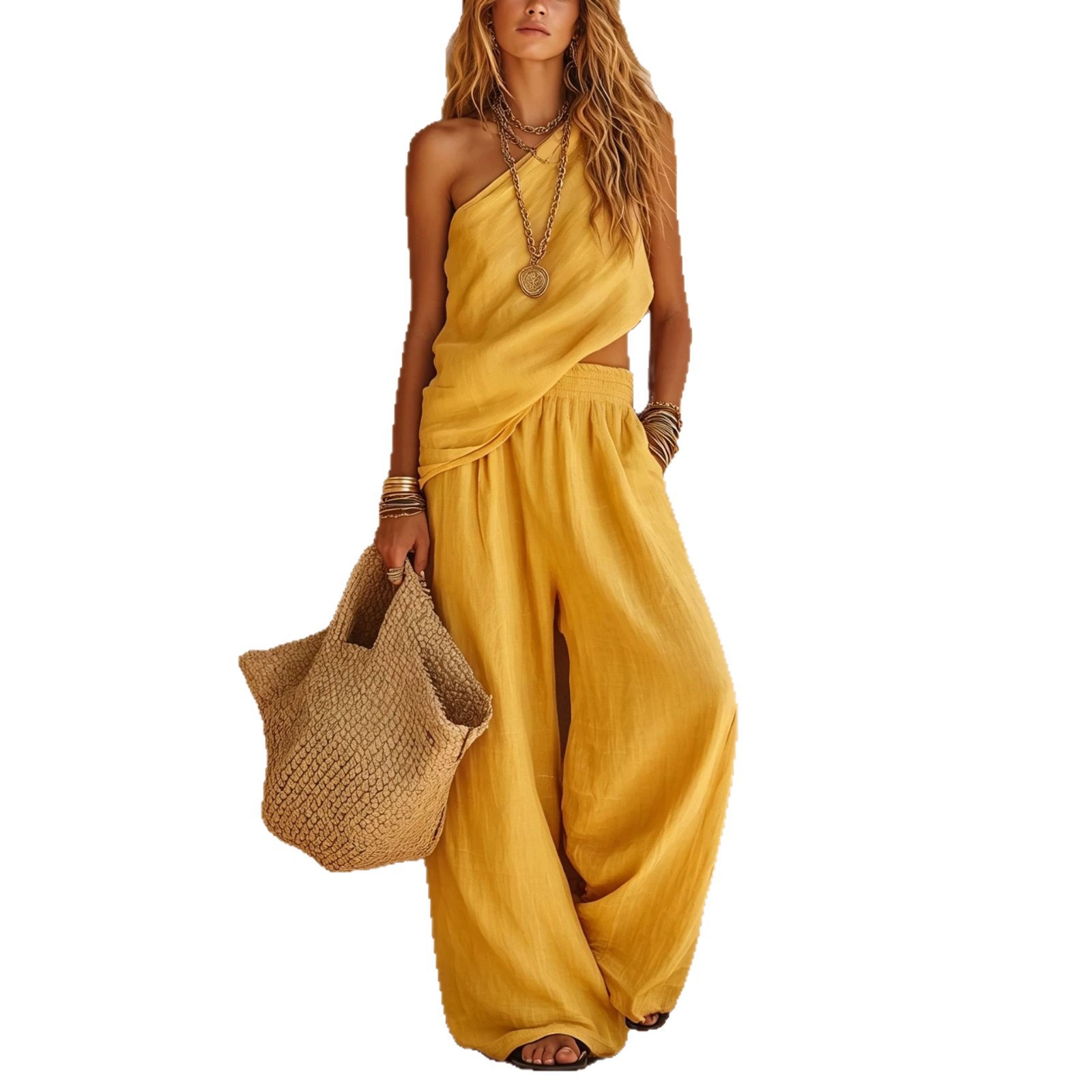 Women's One-Shoulder Cotton-Linen Wide-Leg Two-Piece Set