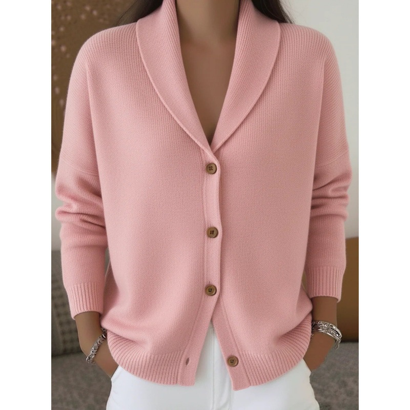 Women's Soft Knit Cardigan Loose Lazy Style Collared Button-Down Long Sleeve Solid Color