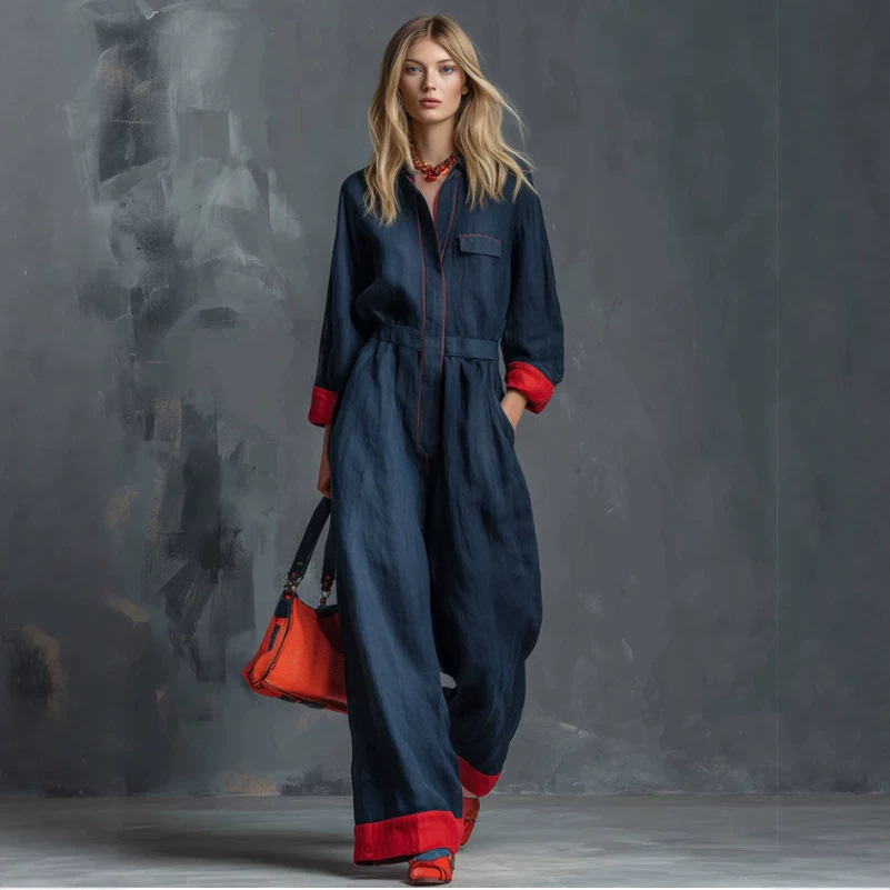 Retro Red Long Sleeve Jumpsuit with Pockets