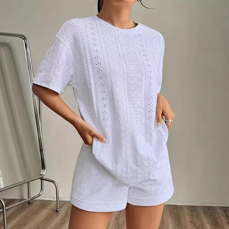 Women's Solid Color Hollow Out Short Sleeve Tee and Shorts Set