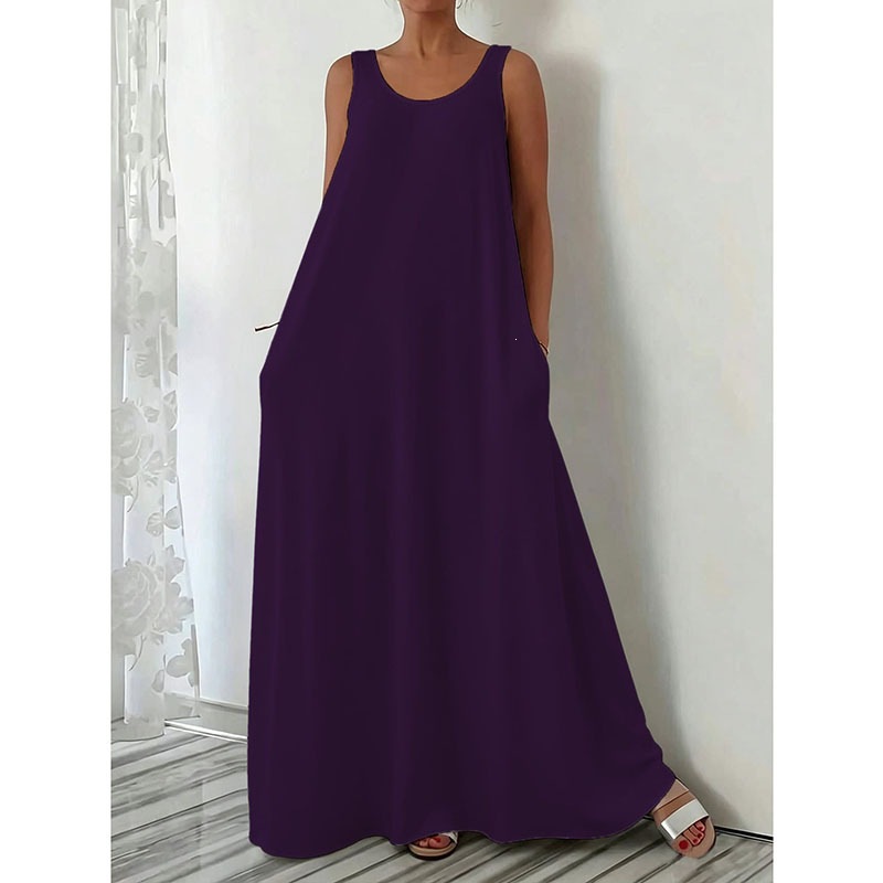 Women's Summer Sleeveless Solid Color Long Dress Casual Slim Fit