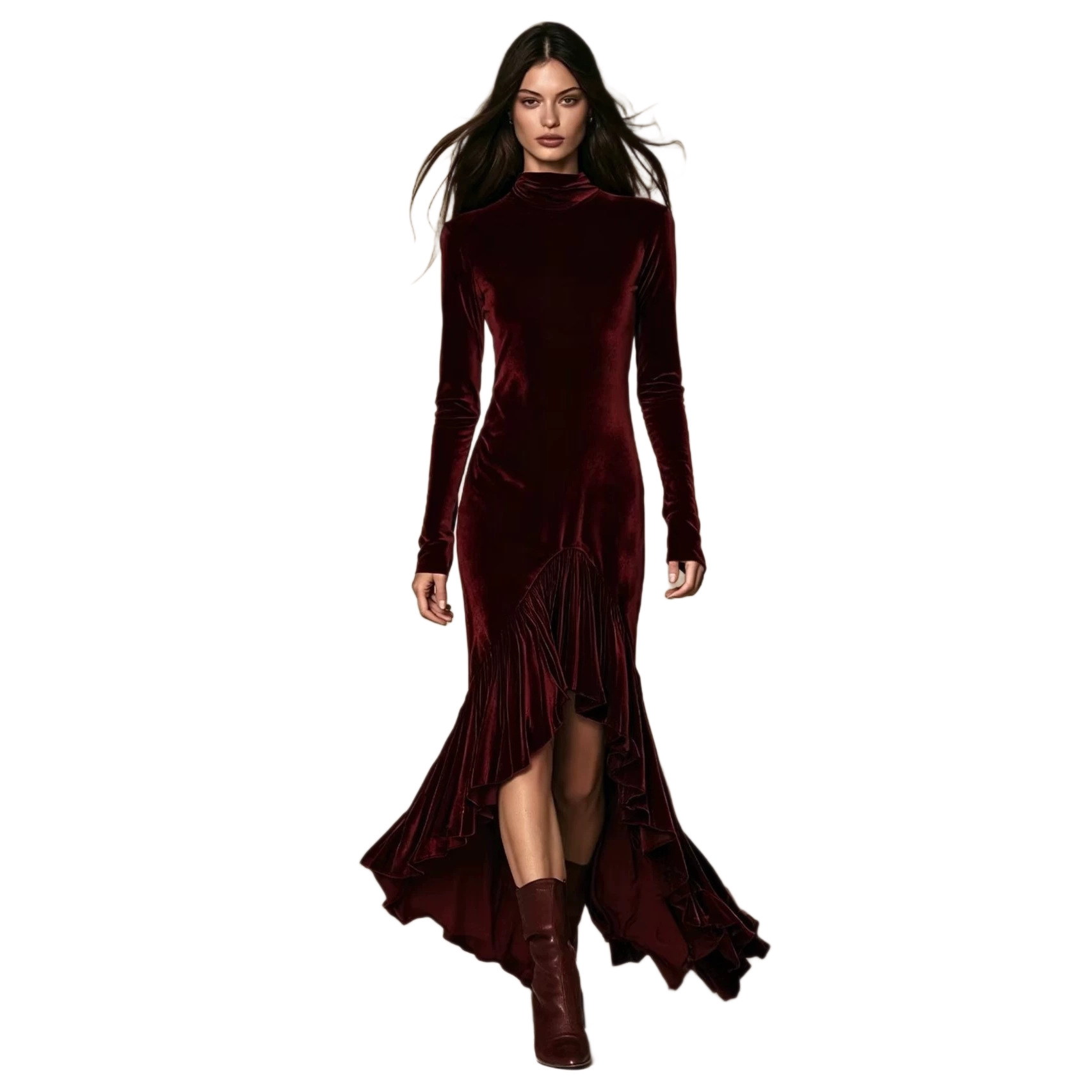 Velvet High Neck Ruched Mermaid Evening Dress with Ruffle Hem