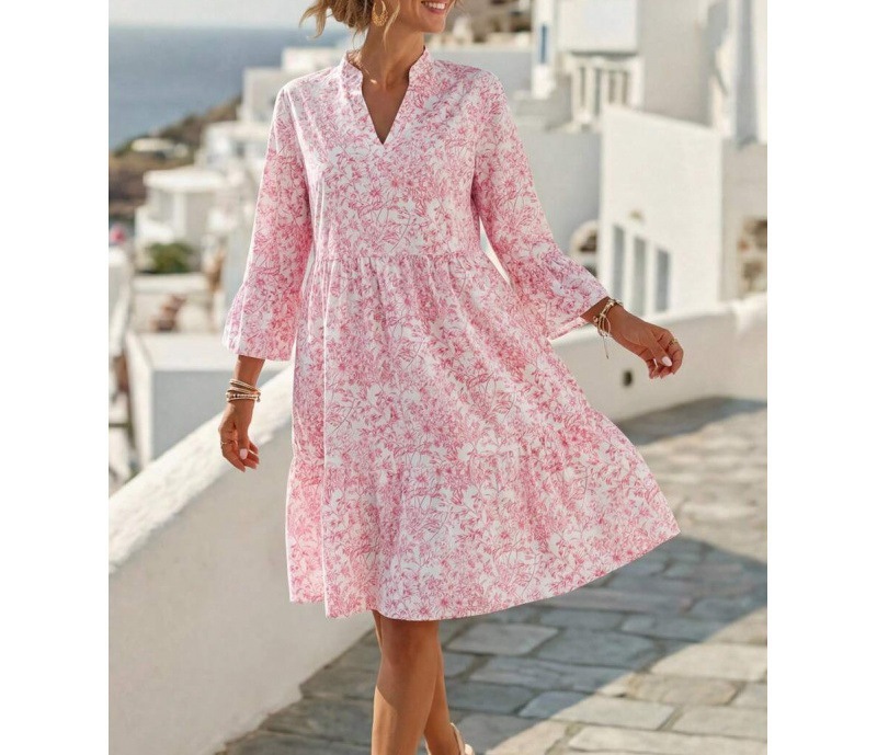 Boho V-Neck Midi Dress Floral Print Bell Sleeve A-Line