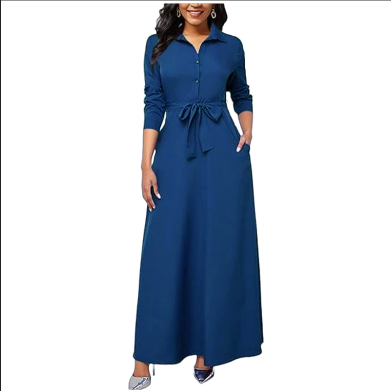 Women's Long Sleeve A-Line Midi Dress with Waist Tie and Blazer Collar