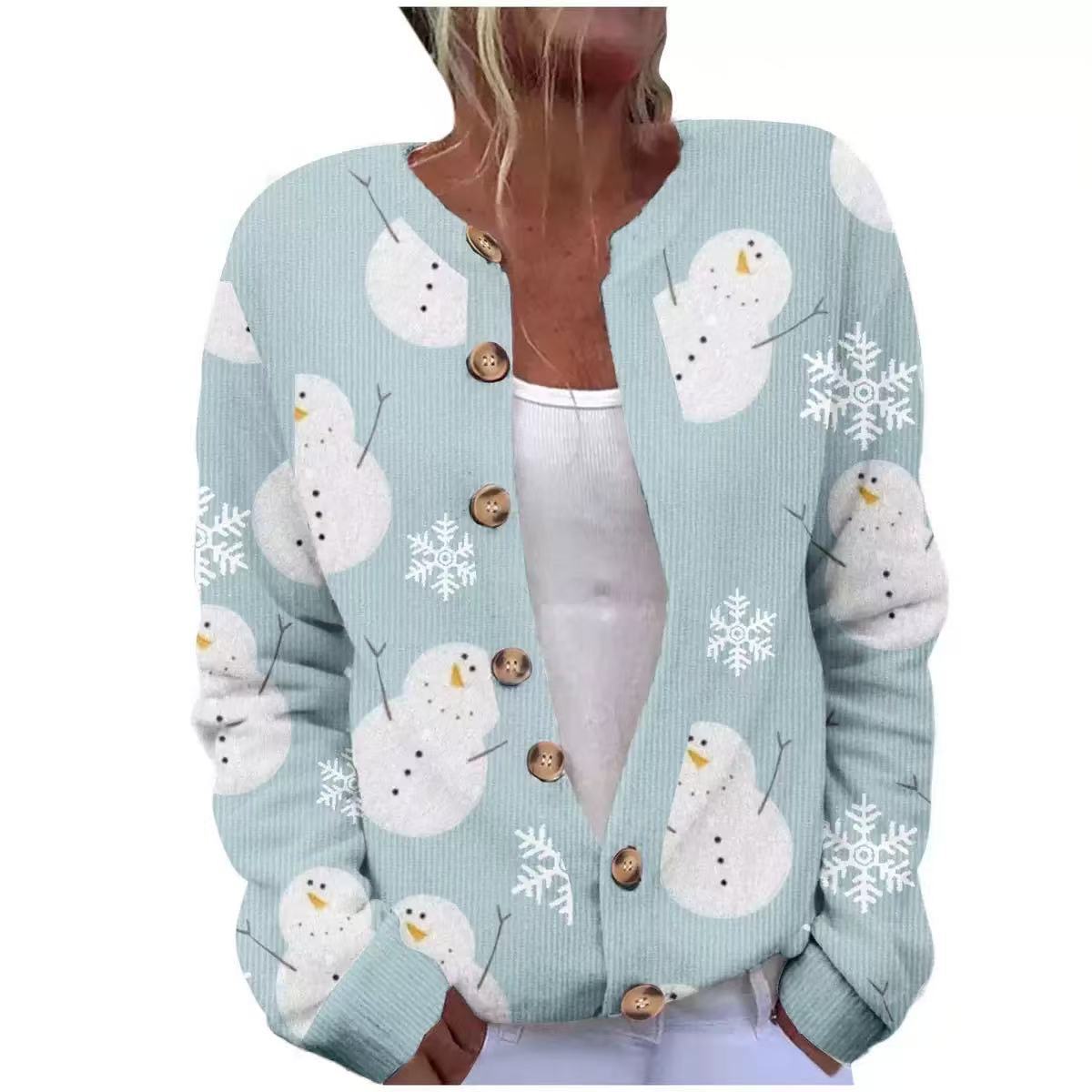 Women's Christmas Santa Snowman Tree Print Faux Sweater Cardigan