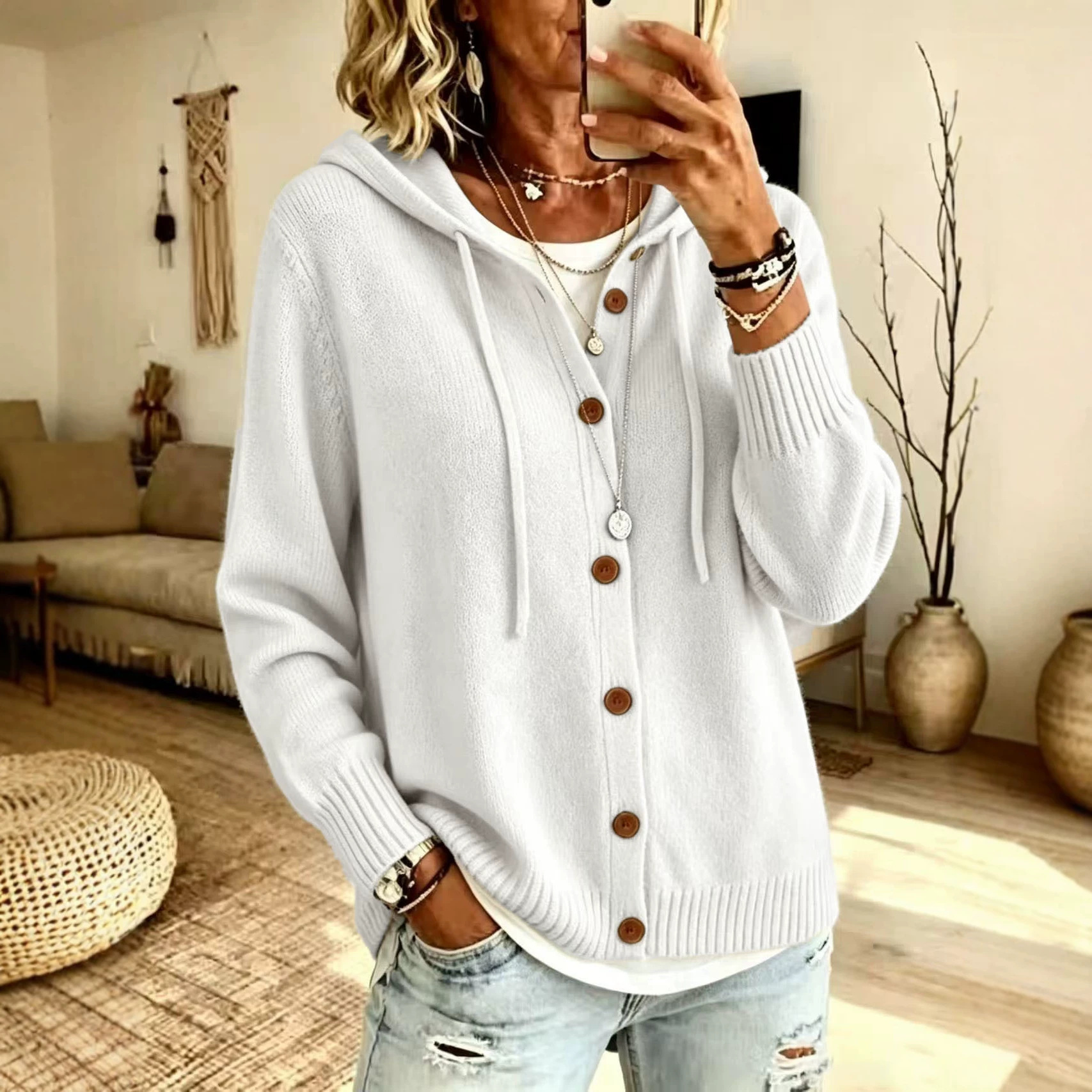 Women's Knit Hooded Drawstring Cardigan Sweater with Buttons