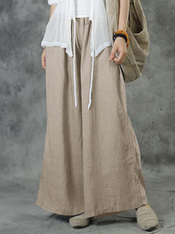 Cotton-Linen Wide-Leg Casual Pants for Women Solid Color Loose Fit