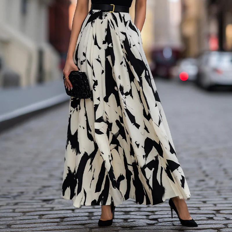 Women's Printed Patchwork Casual Dress Short Sleeve Round Neck High Waist A-Line Long Dress