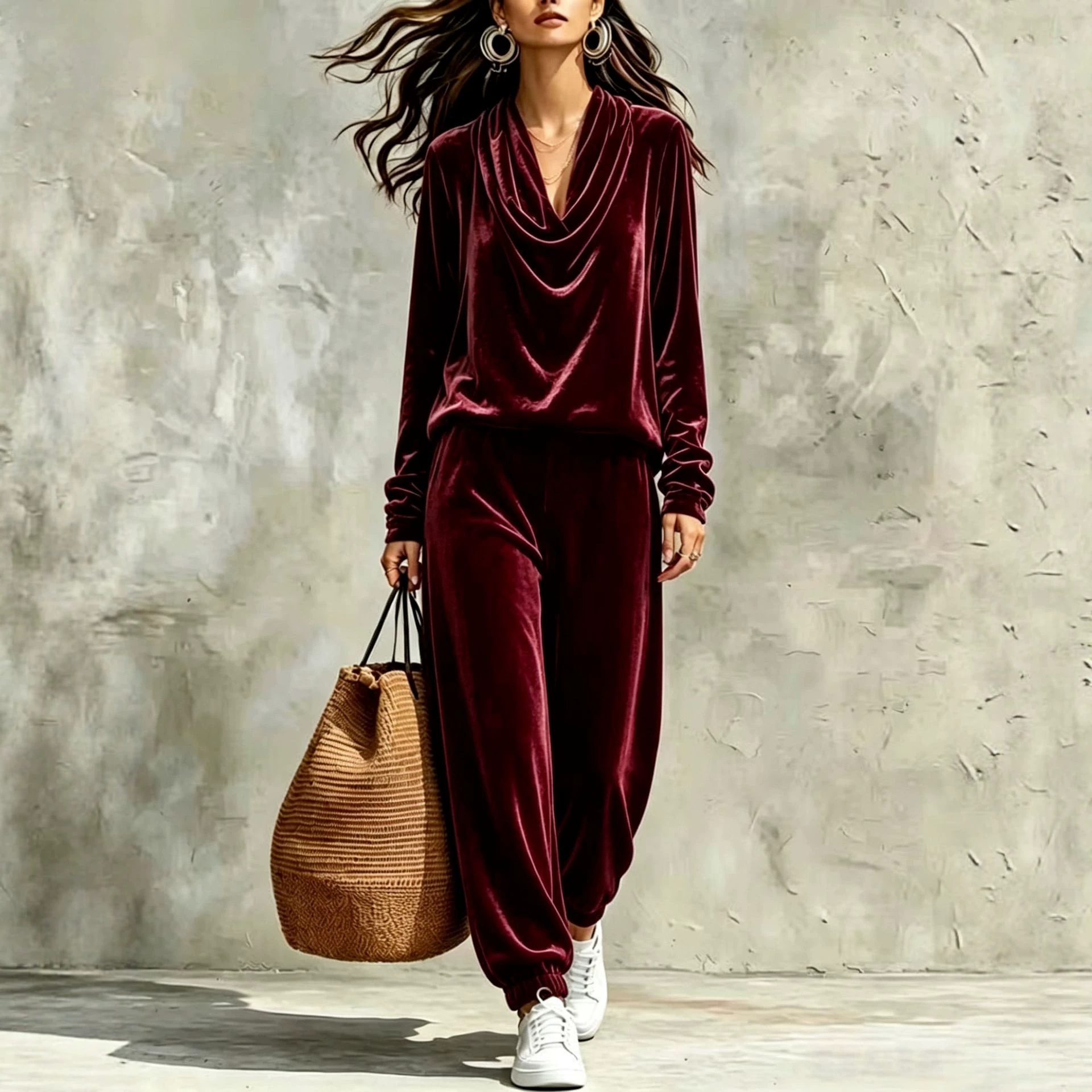 Women's Cowl Neck Long Sleeve Top and Jogger Pants Set Slimming Casual Two-Piece