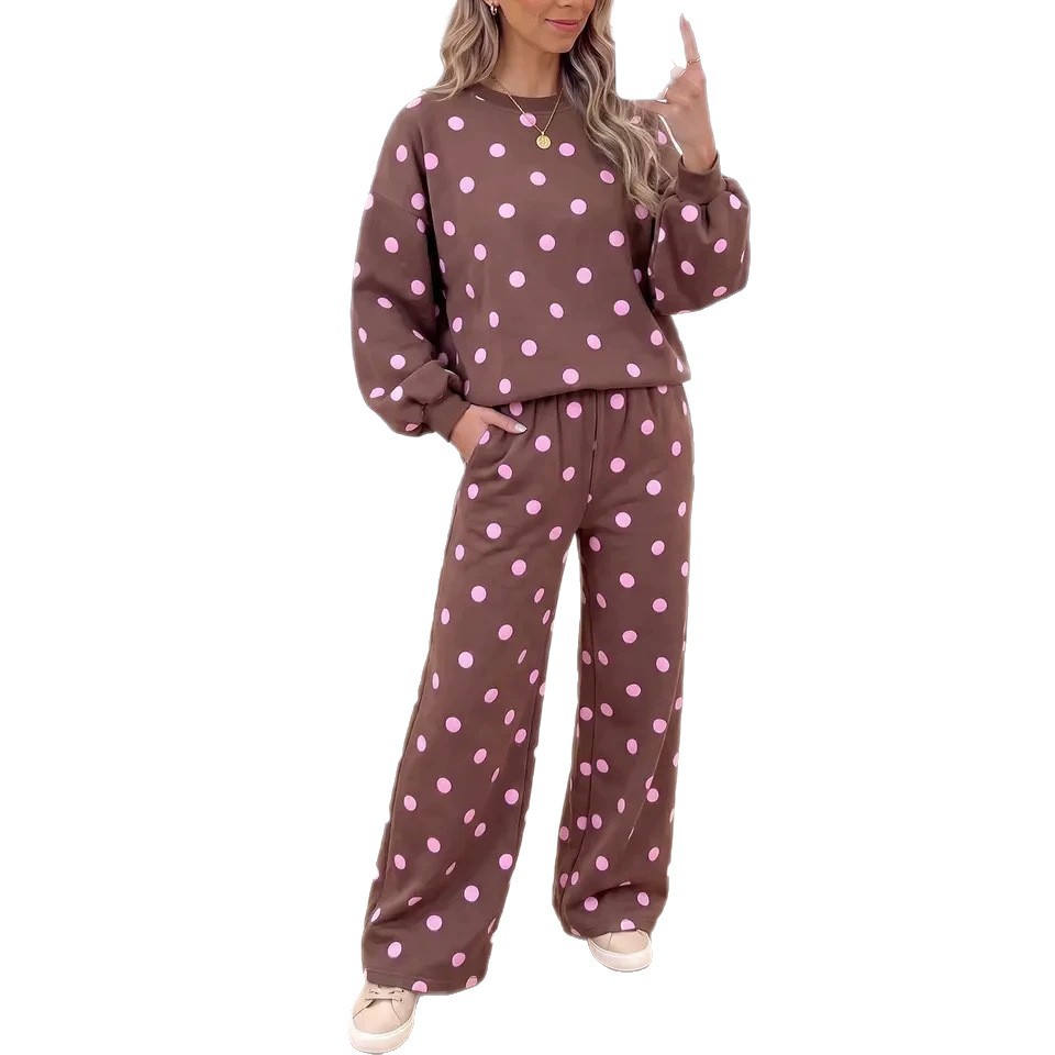 Polka Dot Long Sleeve Top and Wide-Leg Pants Two-Piece Set