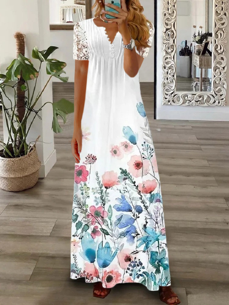 Floral Print Lace Short Sleeve Dress