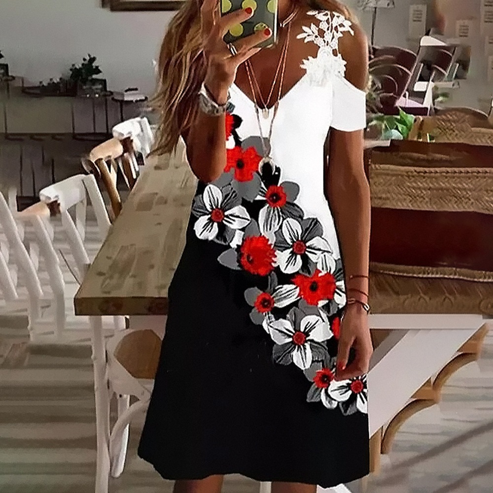 Women's Floral Print Off-Shoulder Lace Short Sleeve Dress