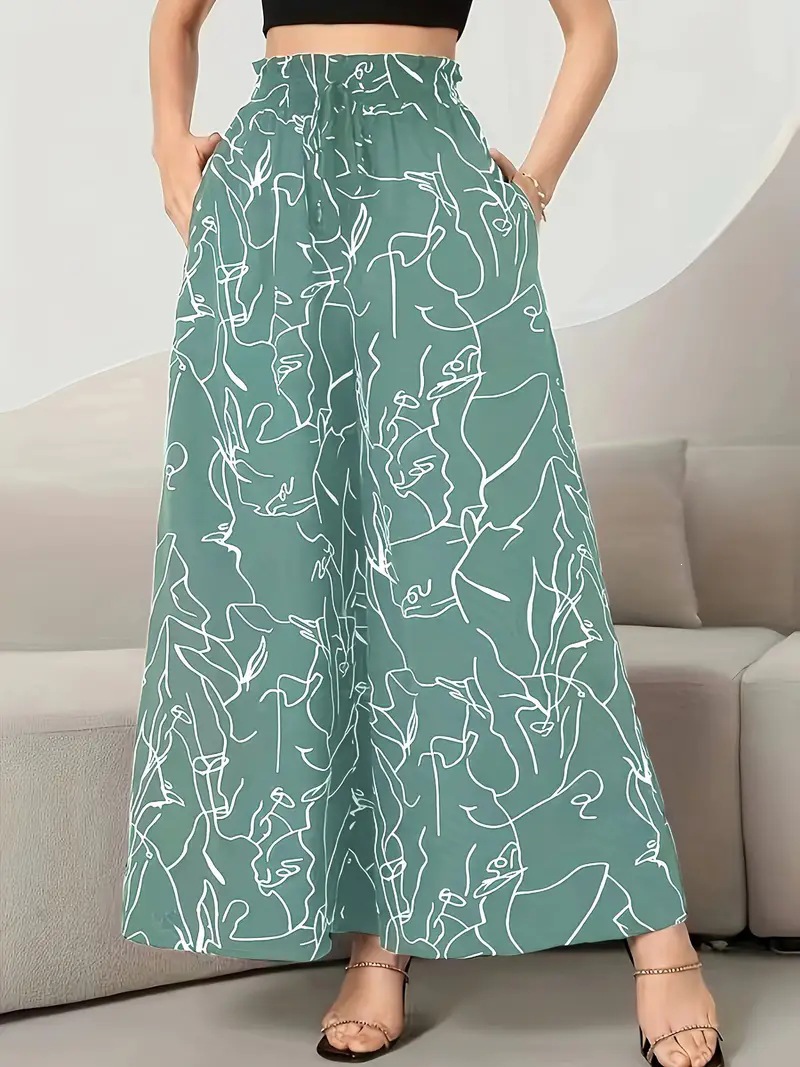 Women's Wide-Leg Pants with Cinched Waist and Flowing Hem