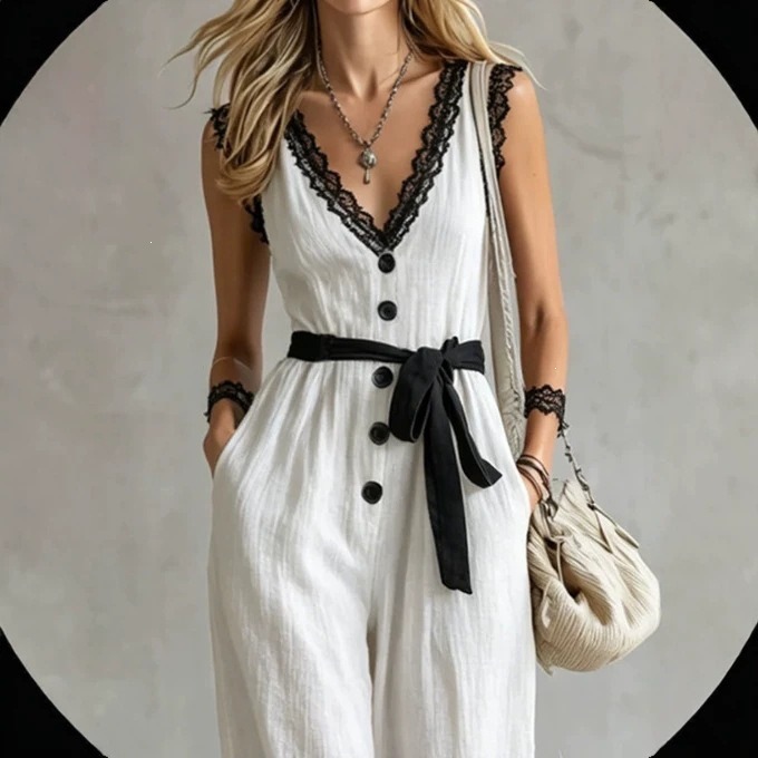 High-Waist Straight-Leg Wide-Leg Jumpsuit with Drape, Slimming, White