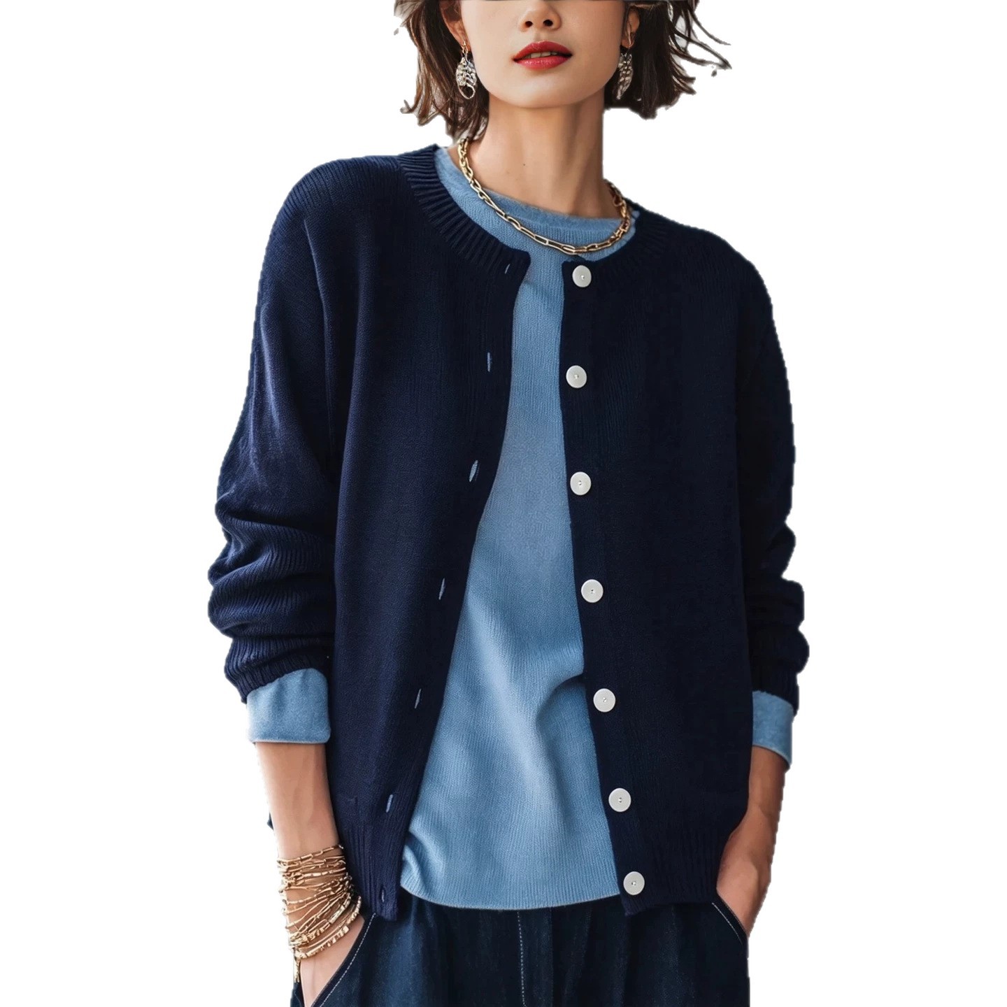 Women's Solid Crewneck Knit Cardigan Long Sleeve Button Casual Sweater Coat