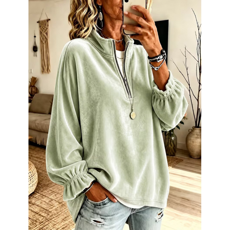 Women's Casual Zip-Up Loose Sweatshirt with Lapel Collar