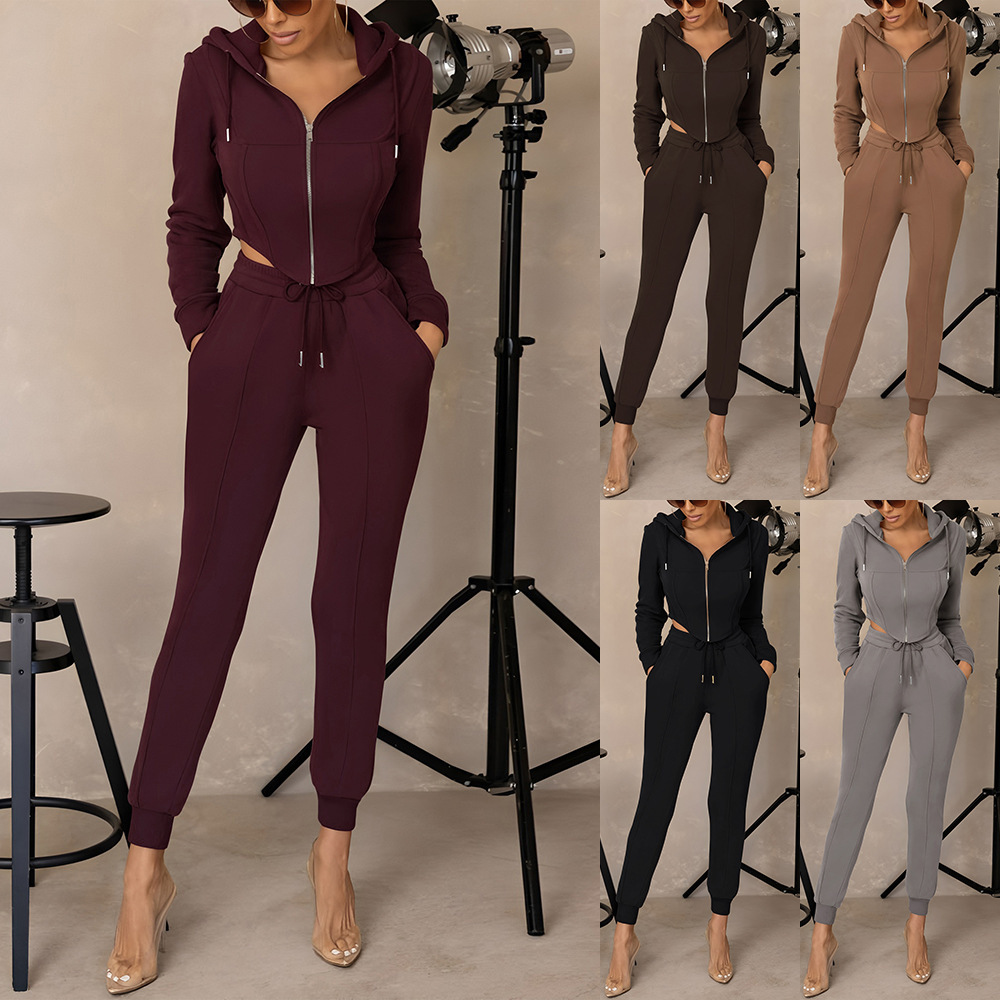 Women's Hooded Zip-Up Cropped Sweatshirt & Jogger Set