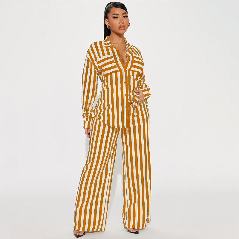 Women's Striped Button Shirt and Pants Set Casual Two-Piece Outfit