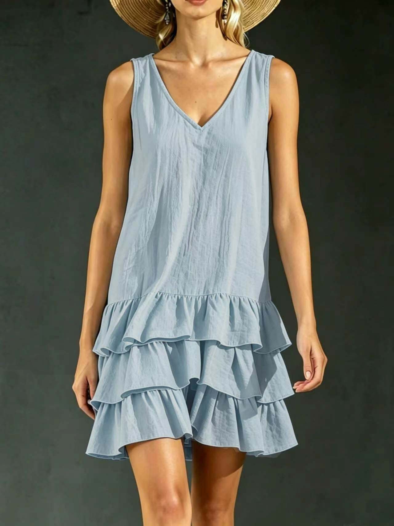 Women's Loose Solid Color Side Pocket Tank Dress Casual V-Neck Sleeveless Midi