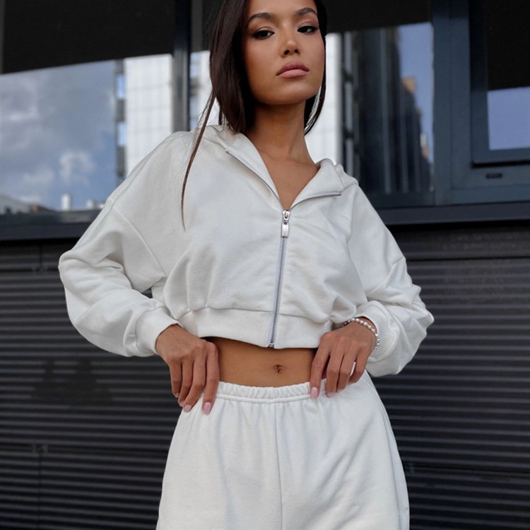 Women's Solid Color Long-Sleeve Zip-Up Hoodie and Shorts Two-Piece Set